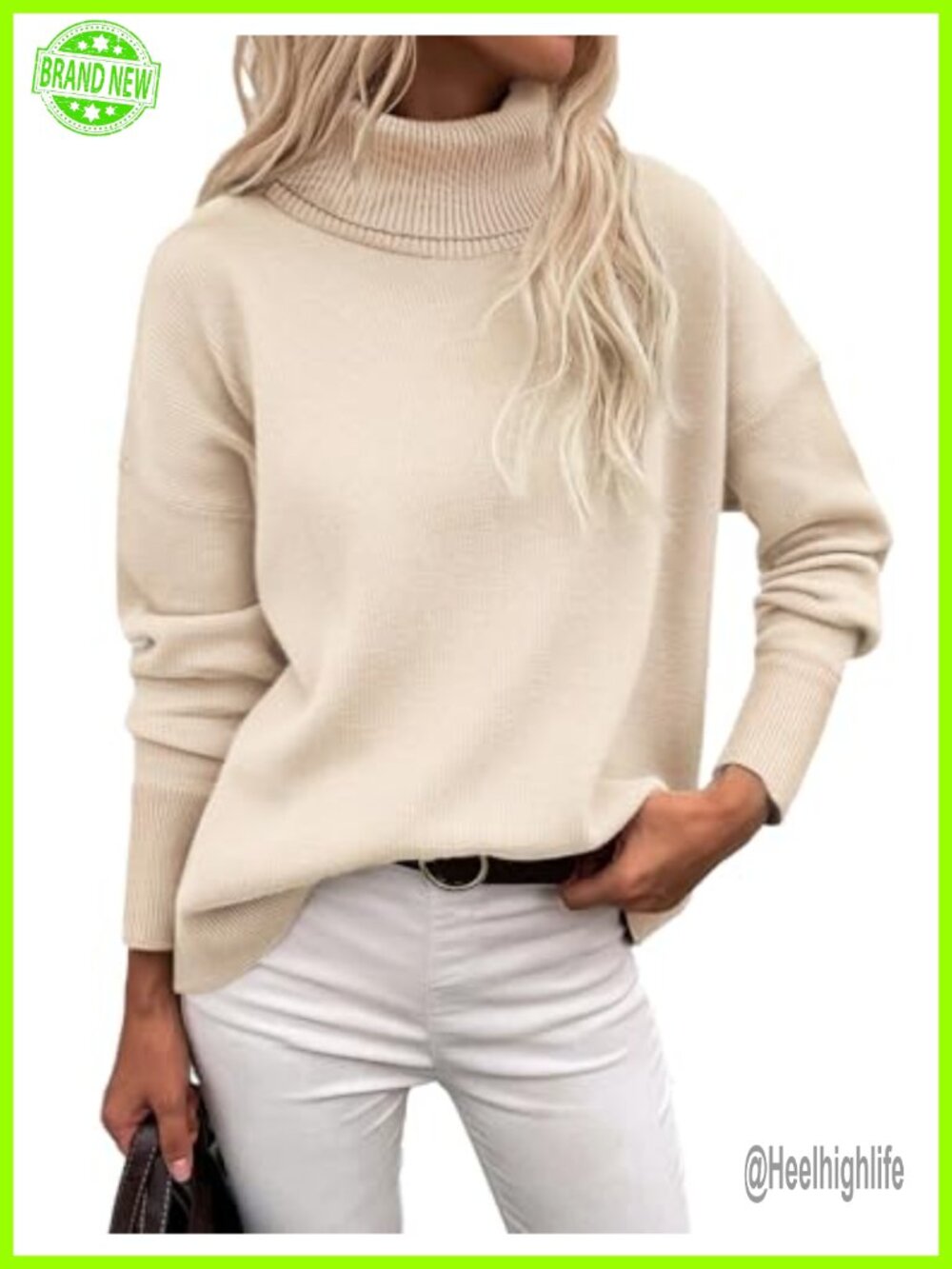 Turtleneck Sweater Chunky Knit Oversized Pullover High Low Hem